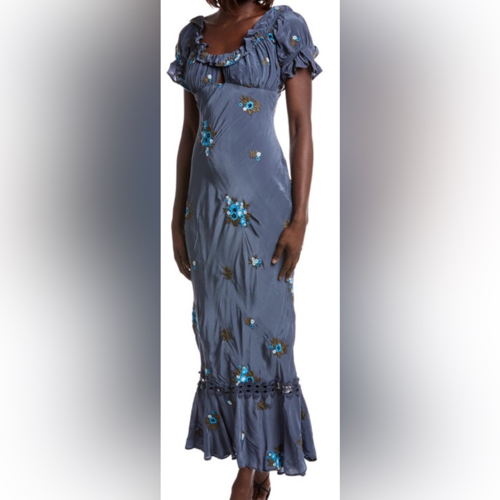 Free People Slate Blue Embroidered Floral Maxi Dress/Short Puff Sleeves - SizeS